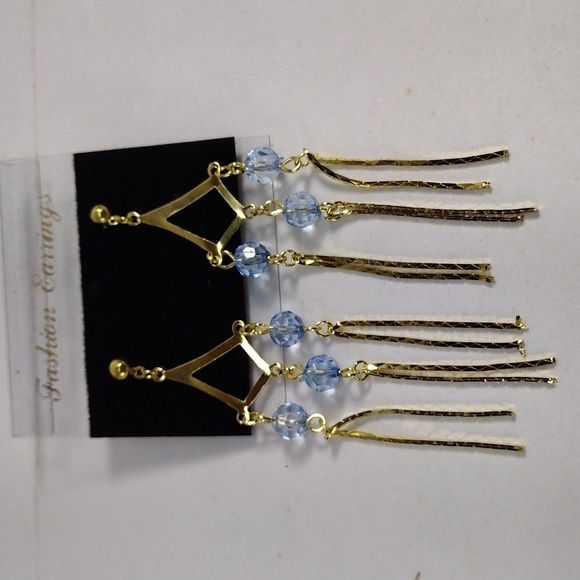 Women's Stunning Gold tone & Blue Beads Fringed Chandelier 3" Drop Earrings - Picture 3 of 7